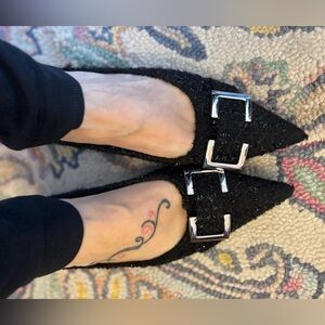 C. Paravano Black Tweed Glam Goth Flats with Silver Buckle